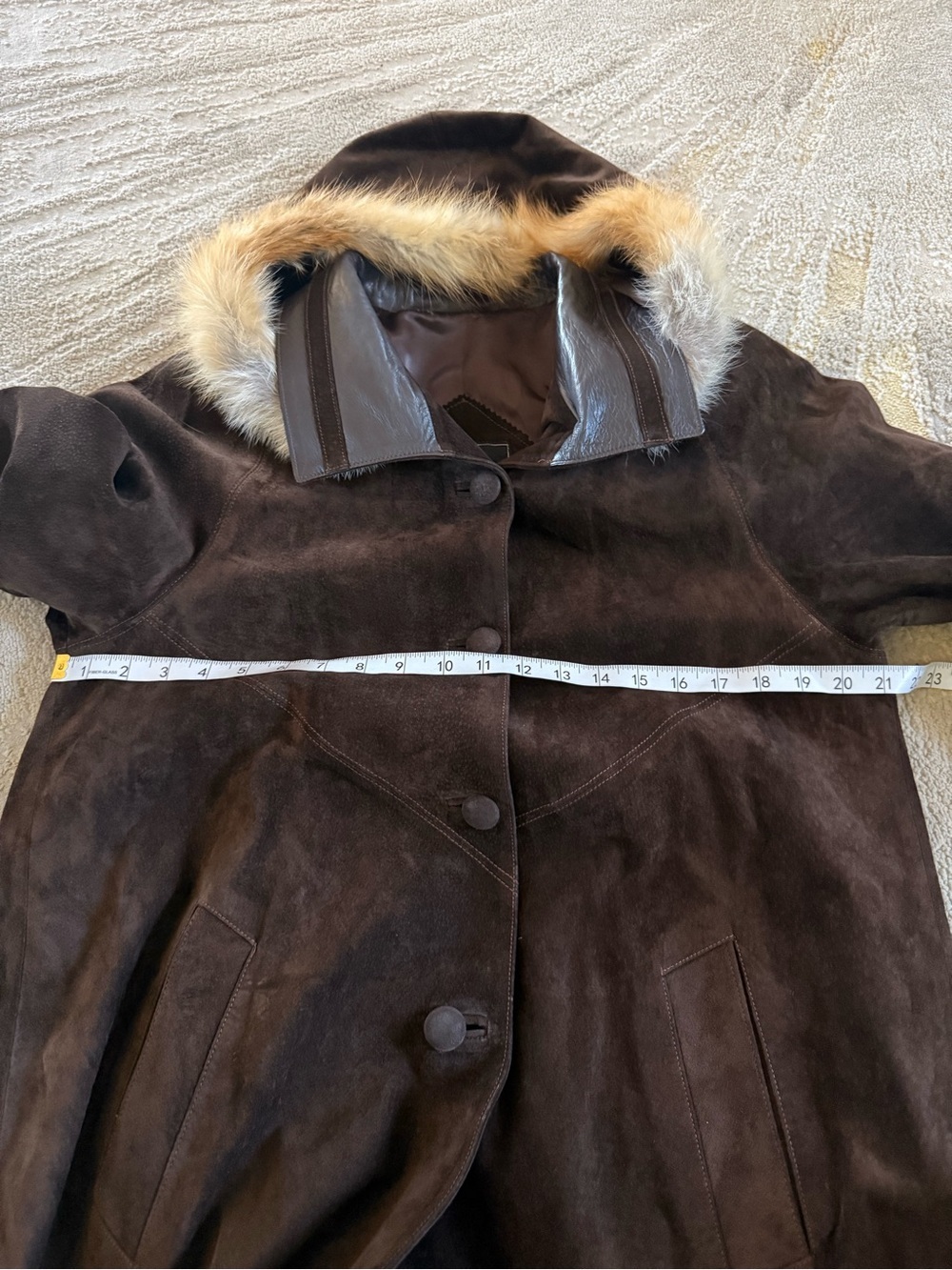 Vintage brown suede leather long line coat jacket with hood fur trim 40 / medium - Picture 10 of 12